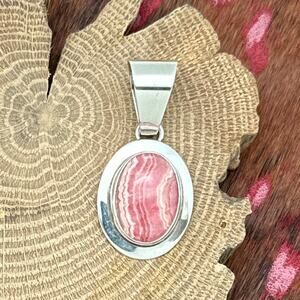 1990s SOUTHWEST STYLE Sterling Silver Rhodochrosite Cabochon Pendant Signed Inca
